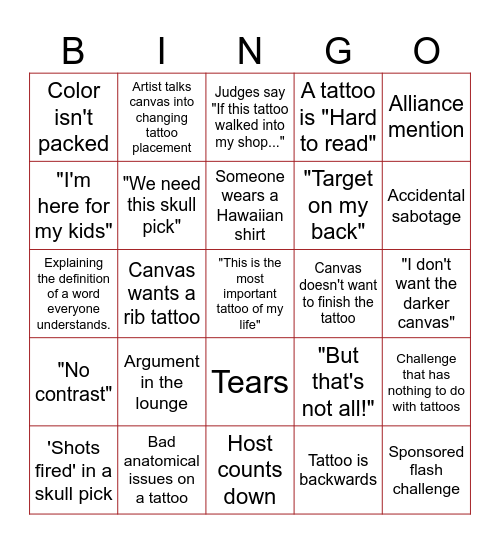 Ink Master Bingo Card