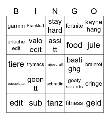 Tik Tok bingo Card