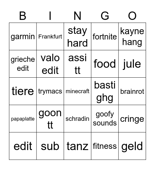 Tik Tok bingo Card