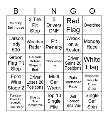 NASCAR BINGO Card