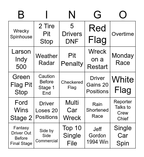 NASCAR BINGO Card