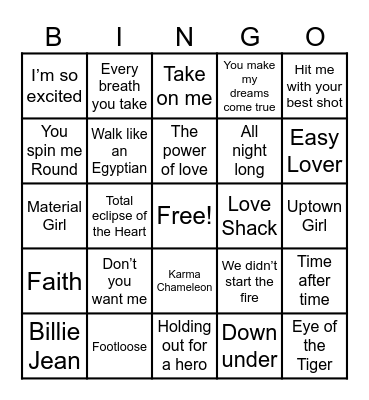 80s Music Bingo Card