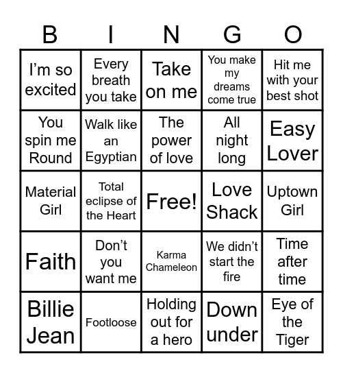 80s Music Bingo Card