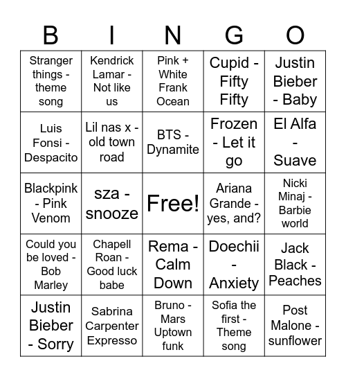 MUSIC BINGO! Bingo Card