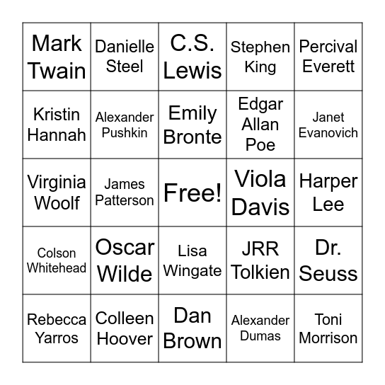 Book Bingo - Famous Authors Bingo Card