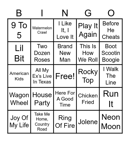 Country Music Bingo Card