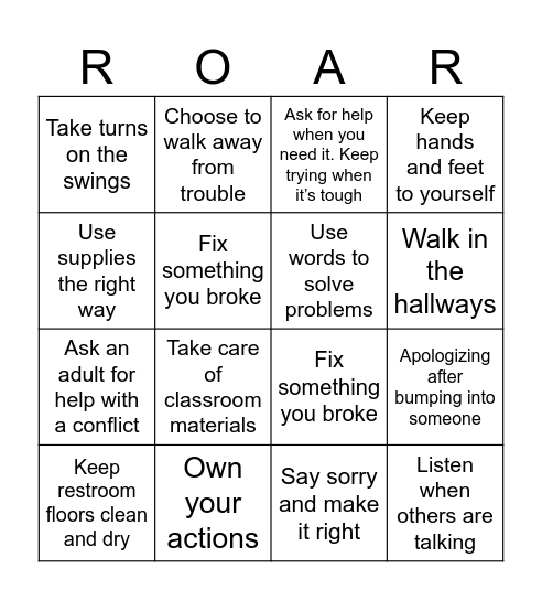 ROAR Values BINGO Card