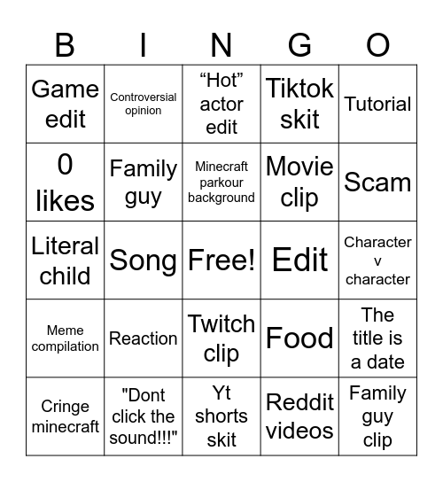 YouTube shorts Bingo Card