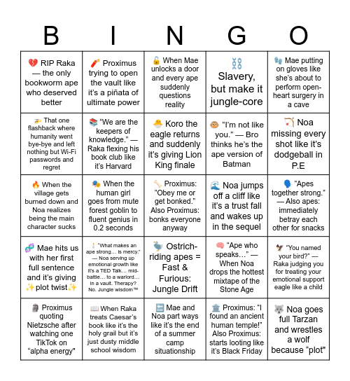 Kingdom of the Planet of the Apes Bingo Card