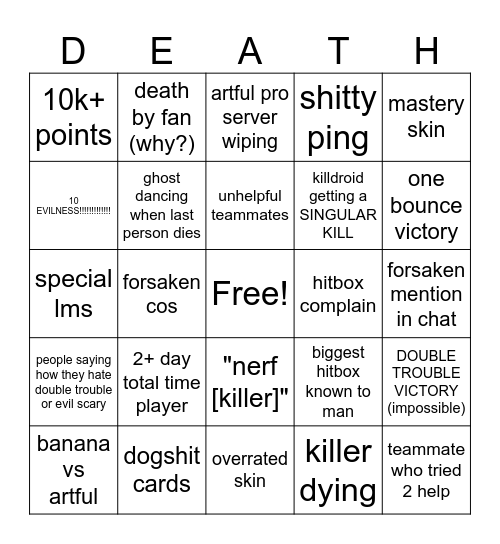 Die Of Death Bingo Card