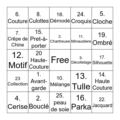 French fashion words Bingo Card