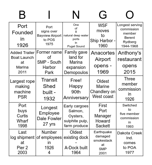 Port of Anacortes 90th Anniversary Bingo Card