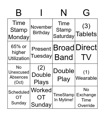 Show Up & Out  Bingo Card