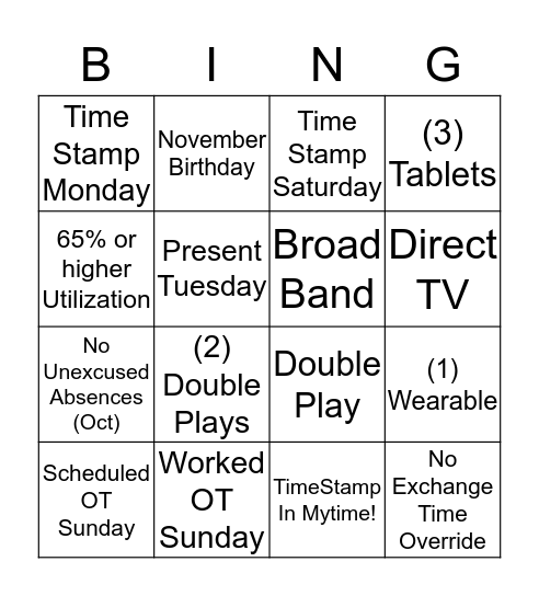 Show Up & Out  Bingo Card