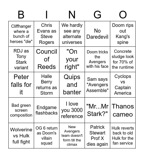 Avengers Doomsday Bingo Card