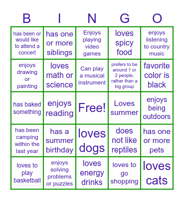 Get to know you Bingo Card
