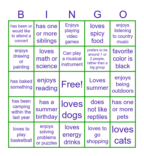 Get to know you Bingo Card