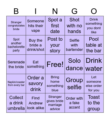 Bachelorette Bar Crawl Bingo Card
