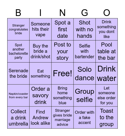 Bachelorette Bar Crawl Bingo Card
