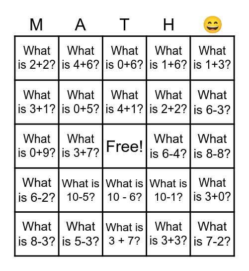 Addition and Subtraction within 10 Bingo Card