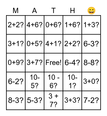 Addition and Subtraction within 10 Bingo Card