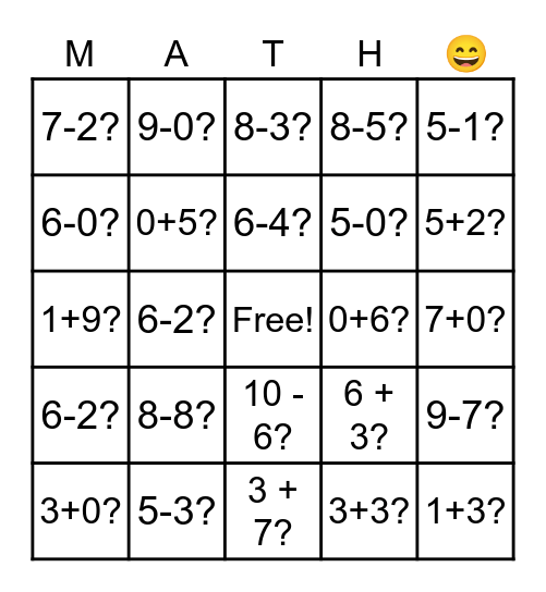 Addition and Subtraction within 10 Bingo Card