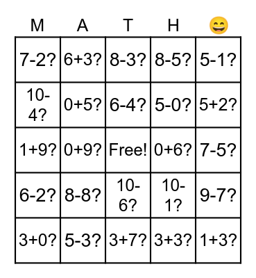Addition and Subtraction within 10 Bingo Card