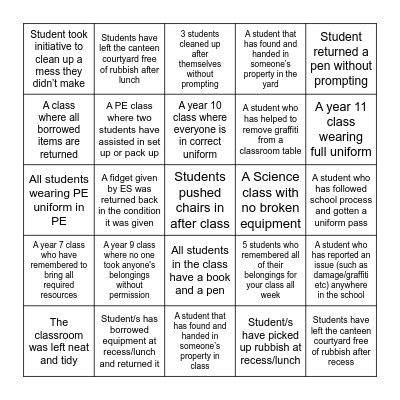Week 2: Taking care of belongings; my own, those of others, and the school Bingo Card