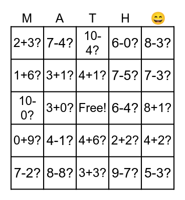 Addition and Subtraction within 10 Bingo Card