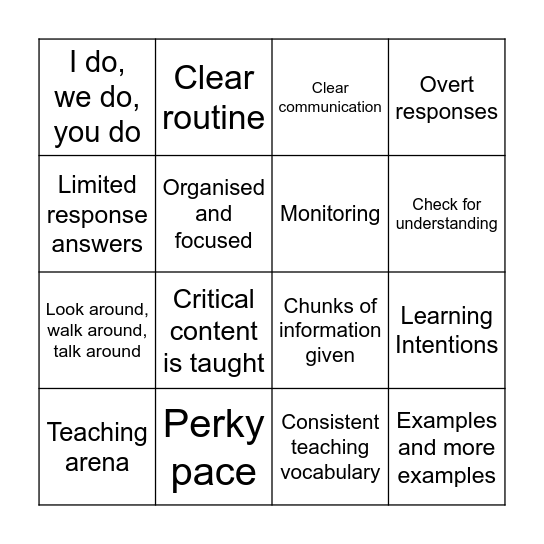 Explicit Instruction Bingo Card