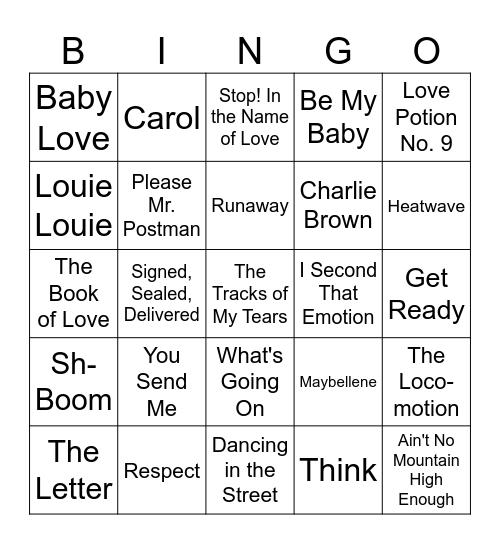 Motown and Rock 'n' Roll BINGO Card