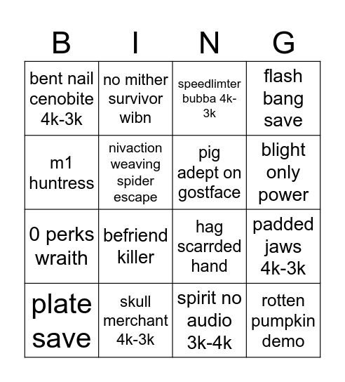 dbd bingo Card