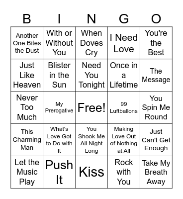 80’s Music BINGO Card