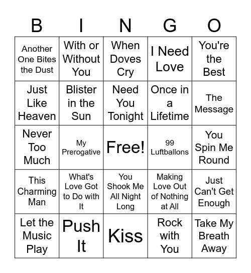 80’s Music BINGO Card