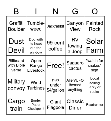 🌵 San Diego to Williams, AZ Travel Bingo 🛣️ Bingo Card