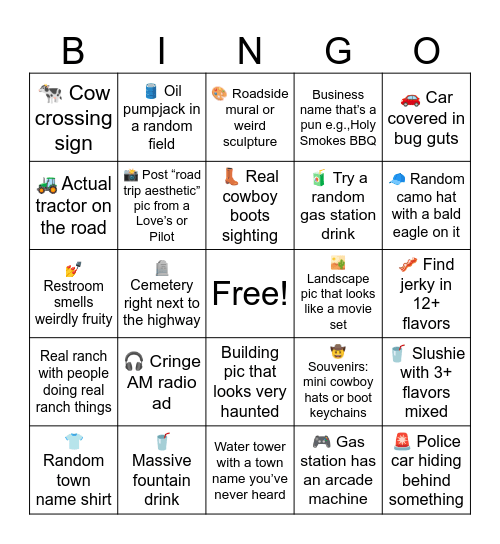 Travel Bingo: Albuquerque to Wichita/OKC Bingo Card