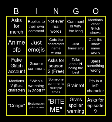 Murder Drones Comments Bingo Card