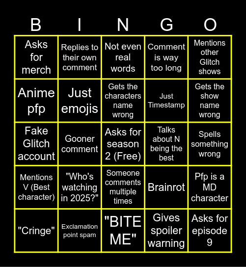 Murder Drones Comments Bingo Card