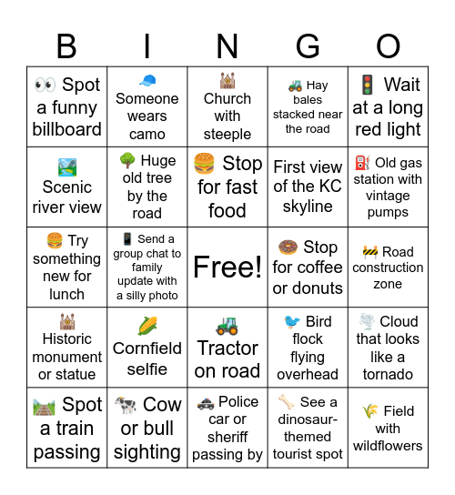 Travel Bingo: Wichita/OKC ➡ Kansas City Bingo Card