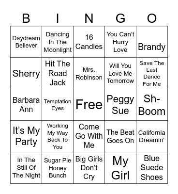 Doo Wop & Oldies Bingo Card