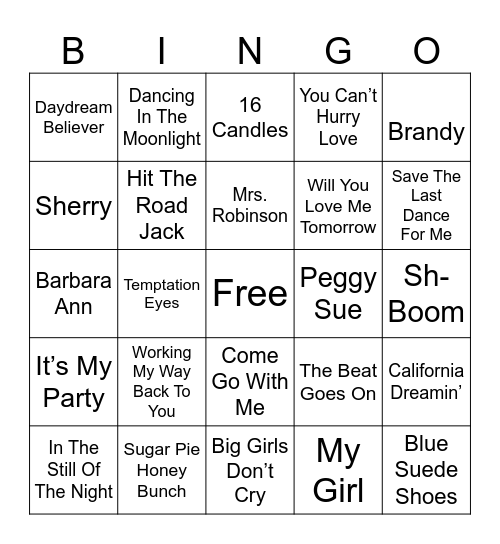 Doo Wop & Oldies Bingo Card