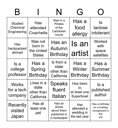 Ice Breaker Bingo Card