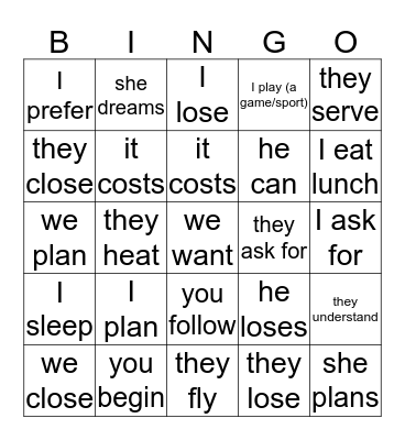 Stem-changing verb Bingo Card