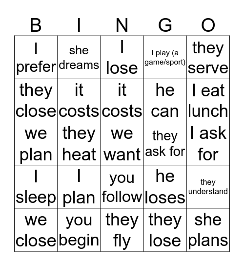 Stem-changing verb Bingo Card