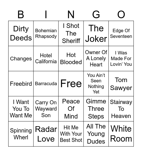 Classic Rock Bingo Card