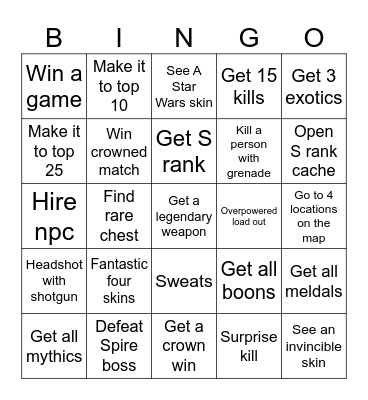 Fortnite bingo Card