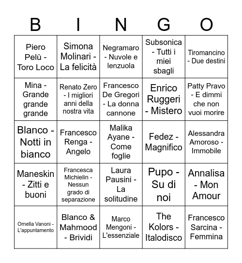 MUSIC BINGO Card