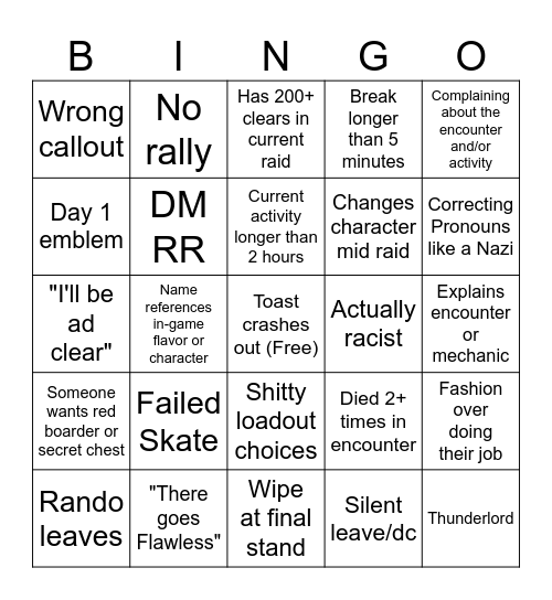 D2 LFG Bingo Card