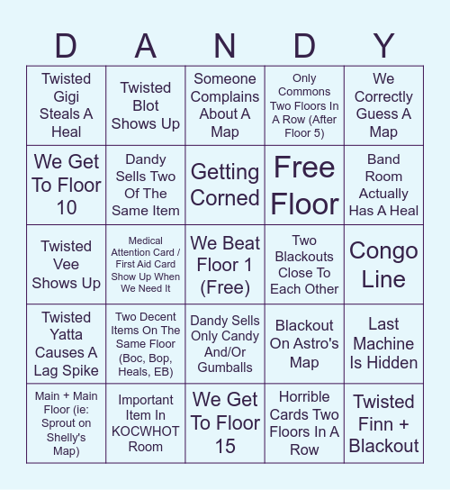 Dandy's World Run Bingo Card