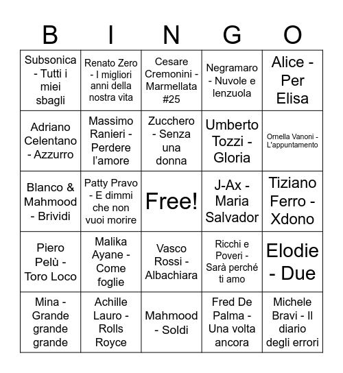 MUSIC BINGO Card